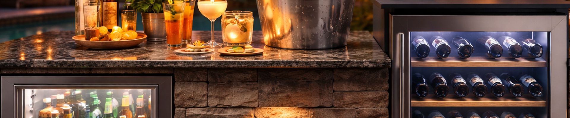 Refrigeration - Stone outdoor bar with beverage center, wine cooler, cocktails, and champagne at twilight