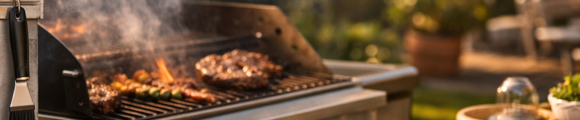 Accessories - Thermometer, pizza stone, cedar planks, and grill with steaks at golden hour