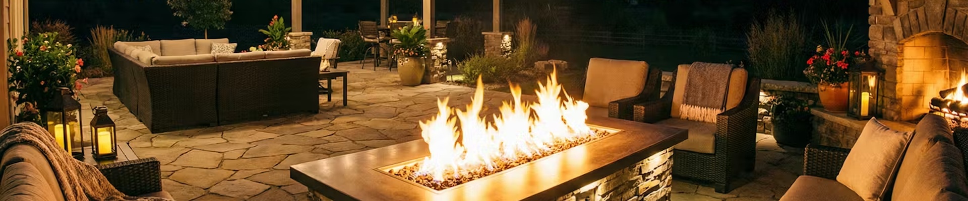 Fire & Heating - Outdoor patio with fire pit table, fireplace, and lounge seating at night